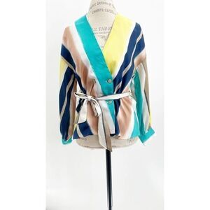 Zara Small Bright Colorful Striped Long Sleeve Blouse Double Breasted Belted